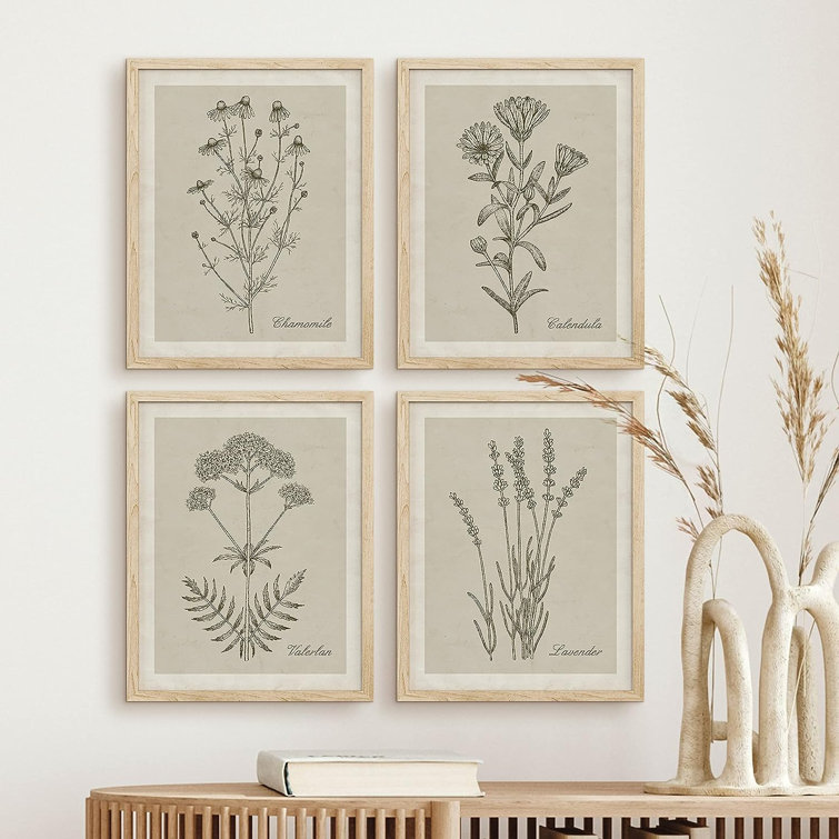 IDEA4WALL Framed Vintage Classic Wildflower Wall Art Set Of 4 Plant Collage Wall Decor Prints Nature Wilderness Wall Decor For Living Room Bedroom